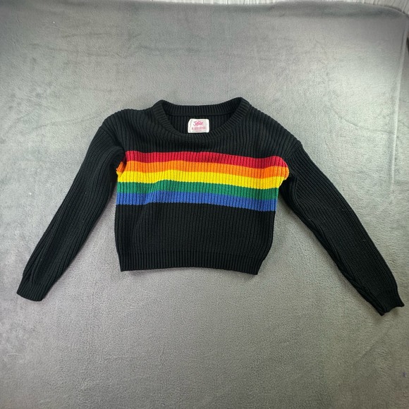 Justice Rainbow cropped Cable Knit Sweater Girls size 8Black Long‎ - Picture 1 of 9